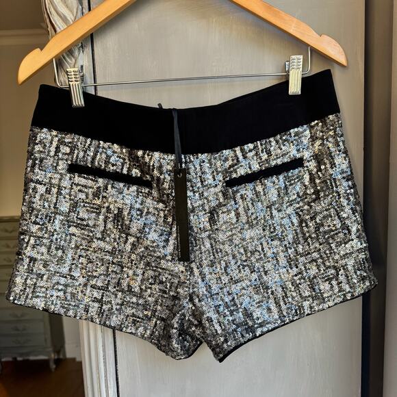 NWT Alice & Trixie Silver Sequin Shorts Black Satin Trim Glam Party Sparkle Sz M - Picture 2 of 7